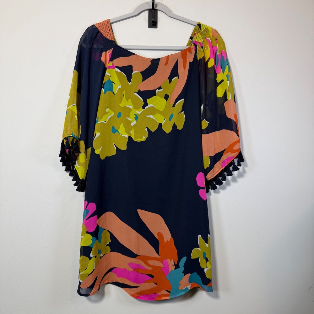 Trina Turk Silk Floral Shift Dress Womens 0 Navy Blue Multi Tassels Tropical Mod